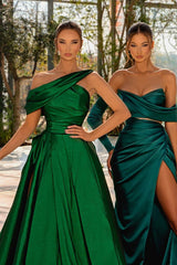 Elegant One Shoulder Green Satin Prom Dress with High Split