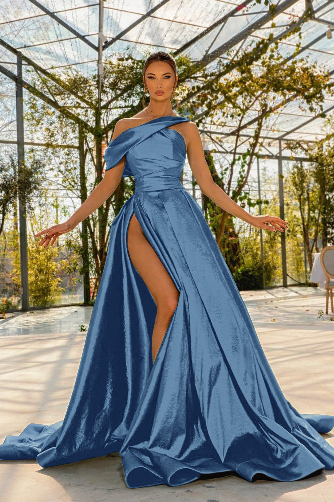 Elegant One Shoulder Green Satin Prom Dress with High Split