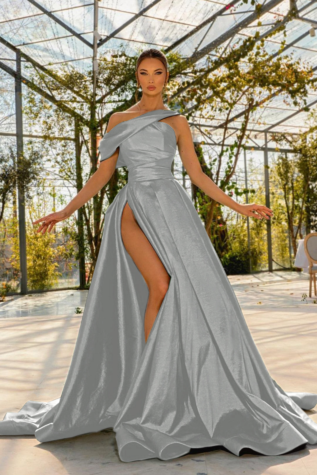 Elegant One Shoulder Green Satin Prom Dress with High Split