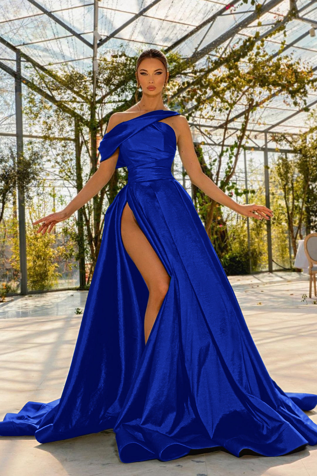 Elegant One Shoulder Green Satin Prom Dress with High Split
