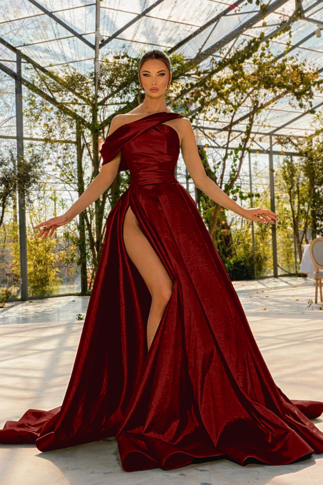 Elegant One Shoulder Green Satin Prom Dress with High Split
