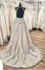 Halter Backless A-Line Wedding Dress with Lace Appliques, Train, and Tulle Ruffles