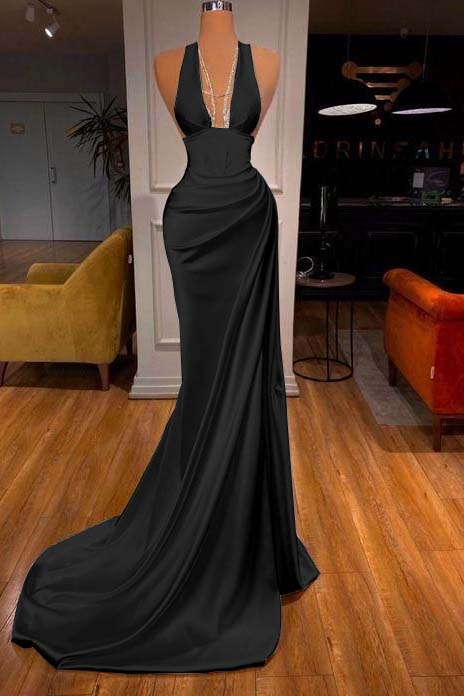 Halter Deep V Neck Mermaid Long Prom Dress with Ruffles
