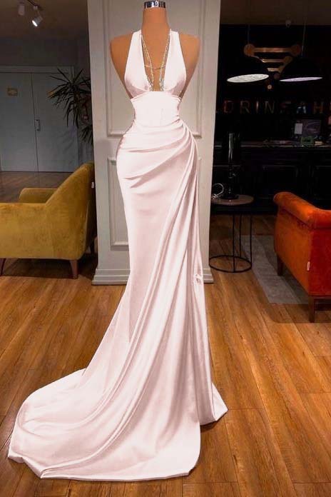 Halter Deep V Neck Mermaid Long Prom Dress with Ruffles