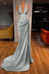 Halter Deep V Neck Mermaid Long Prom Dress with Ruffles