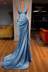 Halter Deep V Neck Mermaid Long Prom Dress with Ruffles