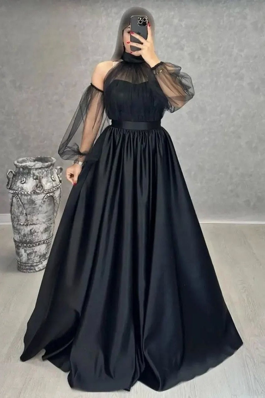 Halter Long Sleeve Sweetheart Long Pleated Prom Dress