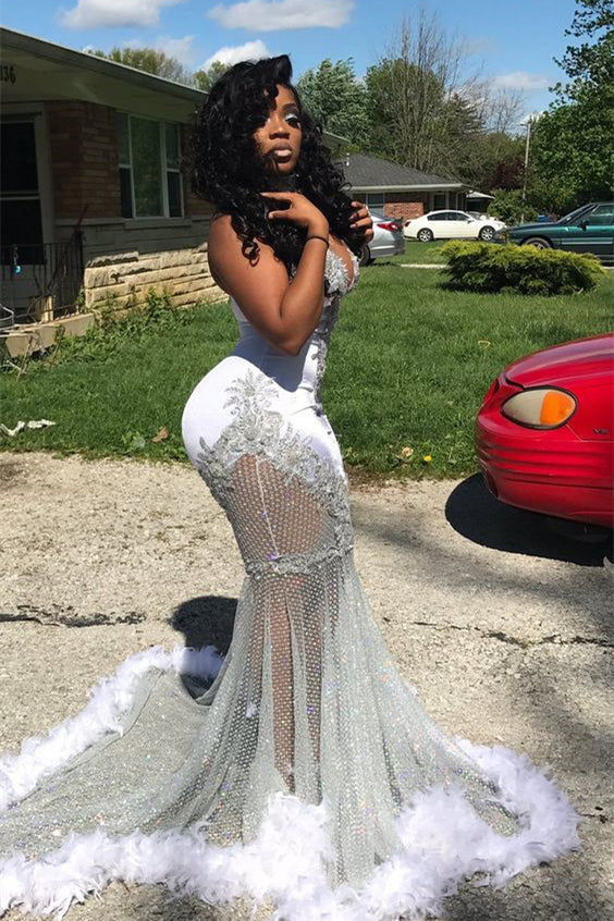 Halter Mermaid Long Prom Dress with Appliques Feathers