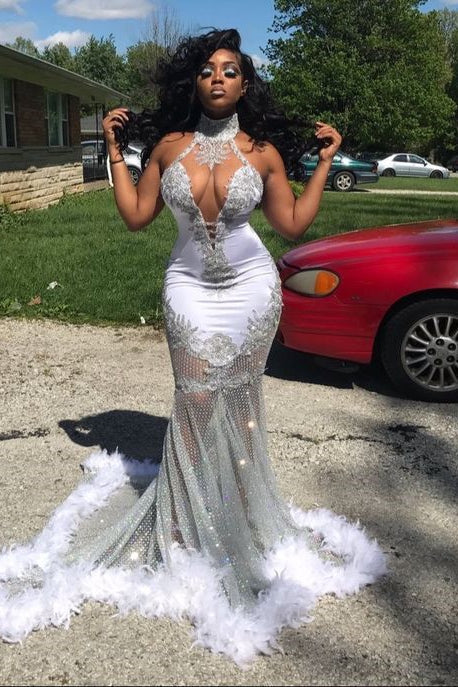 Halter Mermaid Long Prom Dress with Appliques Feathers