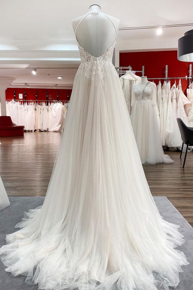 Halter Sleeveless A-Line Wedding Dress with Open Back, Lace, and Tulle