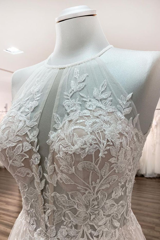 Halter Sleeveless A-Line Wedding Dress with Open Back, Lace, and Tulle