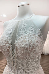 Halter Sleeveless A-Line Wedding Dress with Open Back, Lace, and Tulle