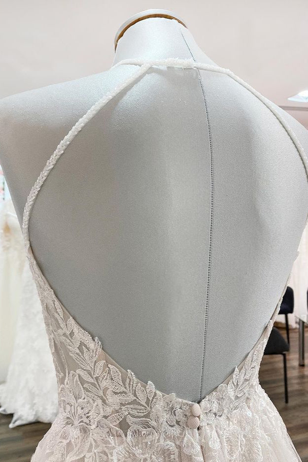 Halter Sleeveless A-Line Wedding Dress with Open Back, Lace, and Tulle