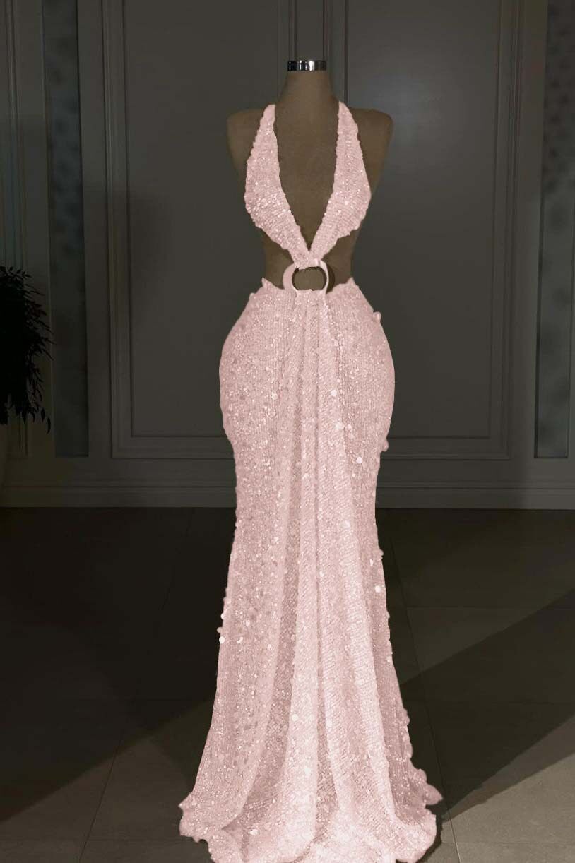 Halter Backless Mermaid Long Prom Dress with Sequins