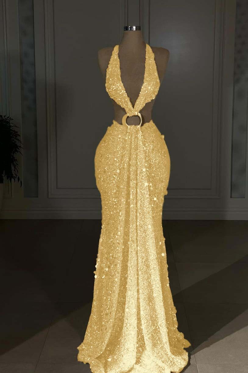 Halter Backless Mermaid Long Prom Dress with Sequins