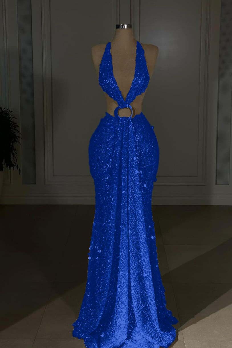 Halter Backless Mermaid Long Prom Dress with Sequins