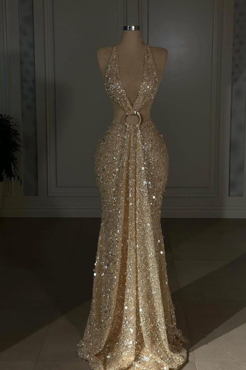 Halter Backless Mermaid Long Prom Dress with Sequins