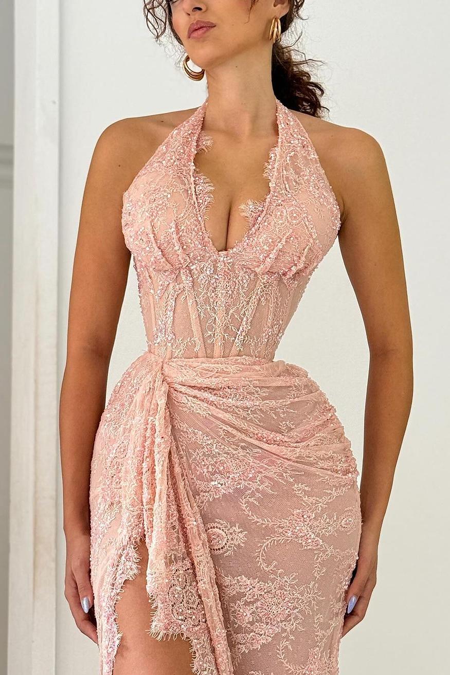 Halter Long Prom Dress with Front Split, Lace Appliques and Pleated