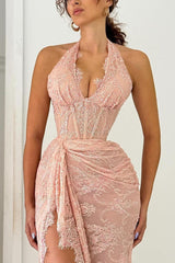 Halter Long Prom Dress with Front Split, Lace Appliques and Pleated