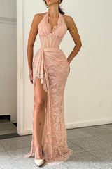 Halter Long Prom Dress with Front Split, Lace Appliques and Pleated