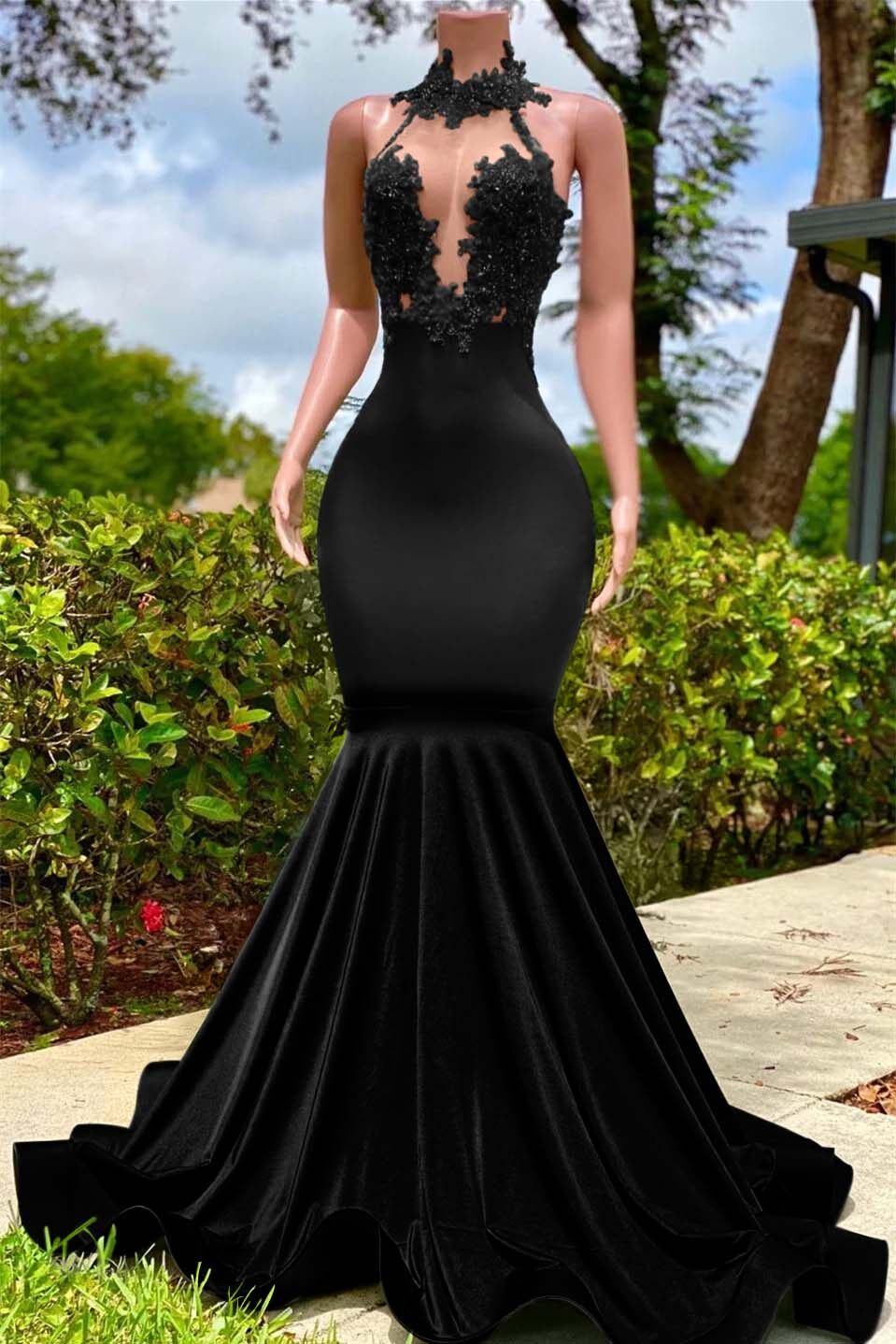 Halter Mermaid Long Prom Dress with Appliques and Ruffles