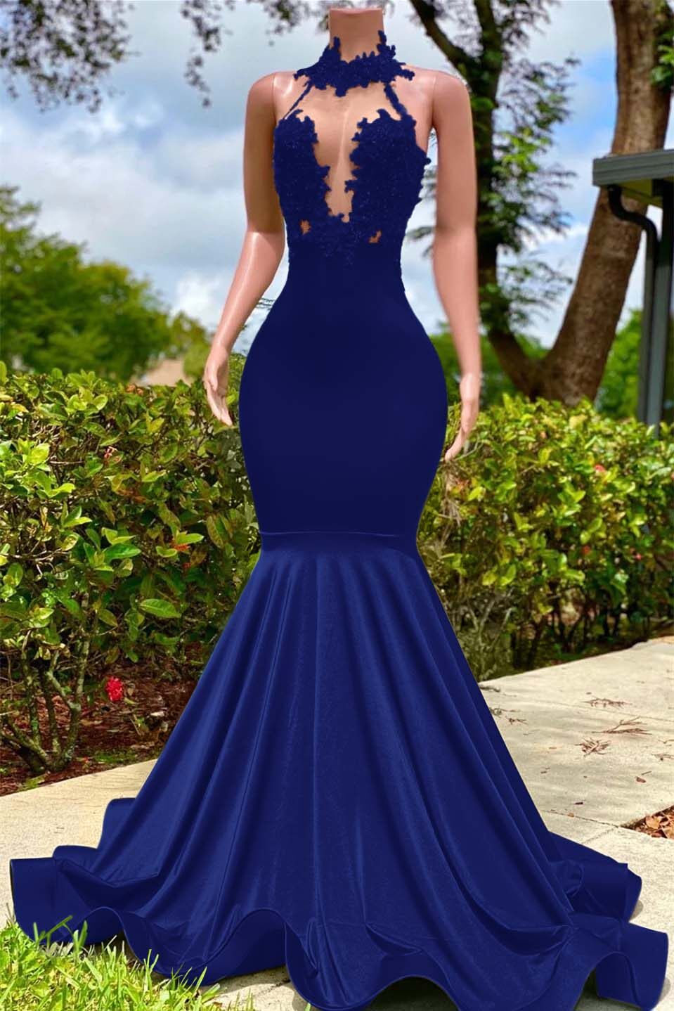 Halter Mermaid Long Prom Dress with Appliques and Ruffles