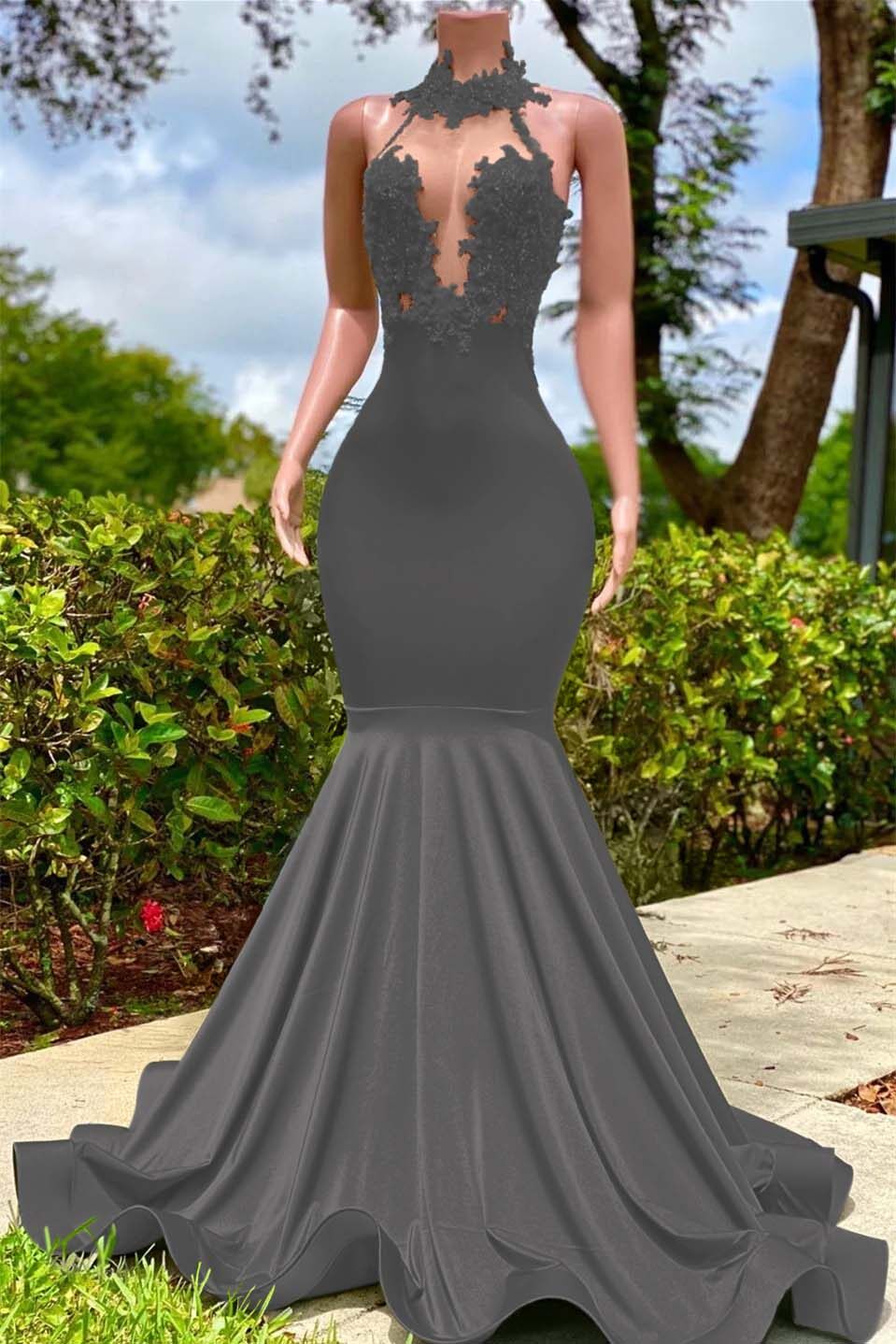 Halter Mermaid Long Prom Dress with Appliques and Ruffles