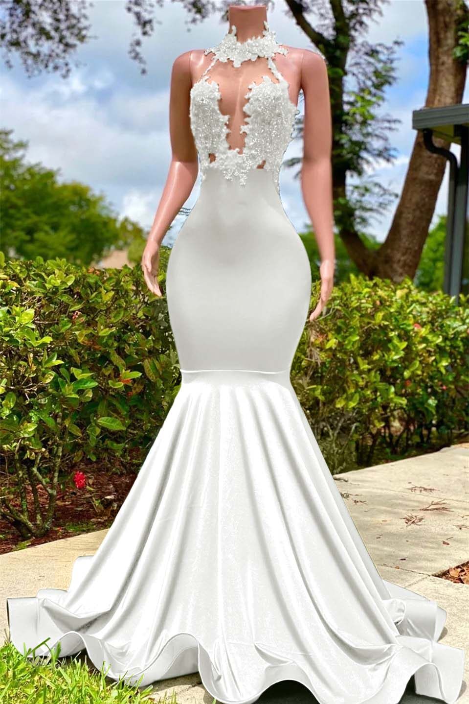 Halter Mermaid Long Prom Dress with Appliques and Ruffles