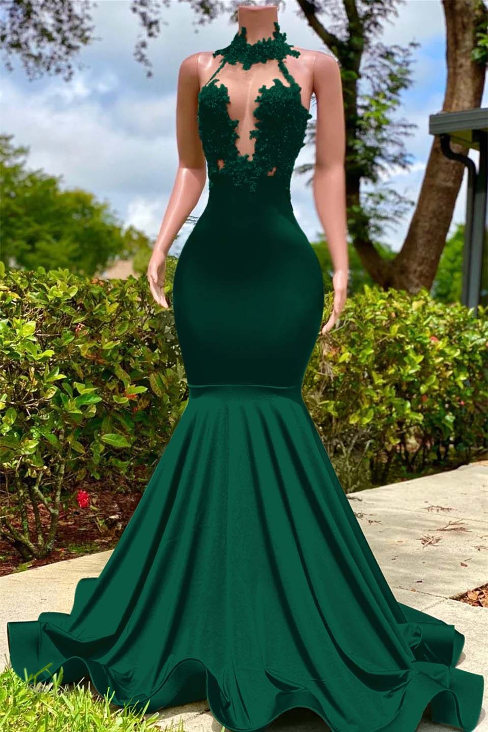 Halter Mermaid Long Prom Dress with Appliques and Ruffles