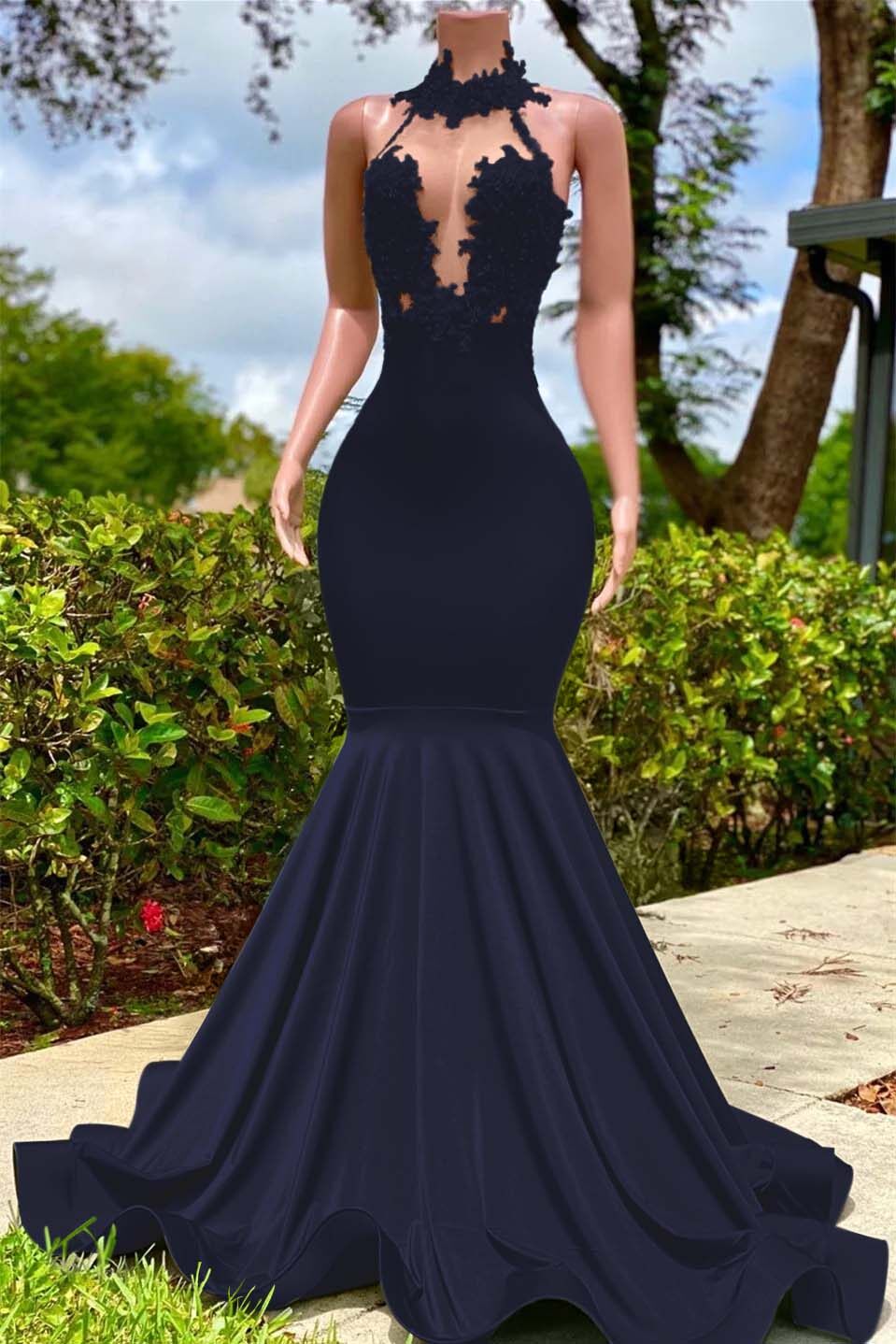 Halter Mermaid Long Prom Dress with Appliques and Ruffles