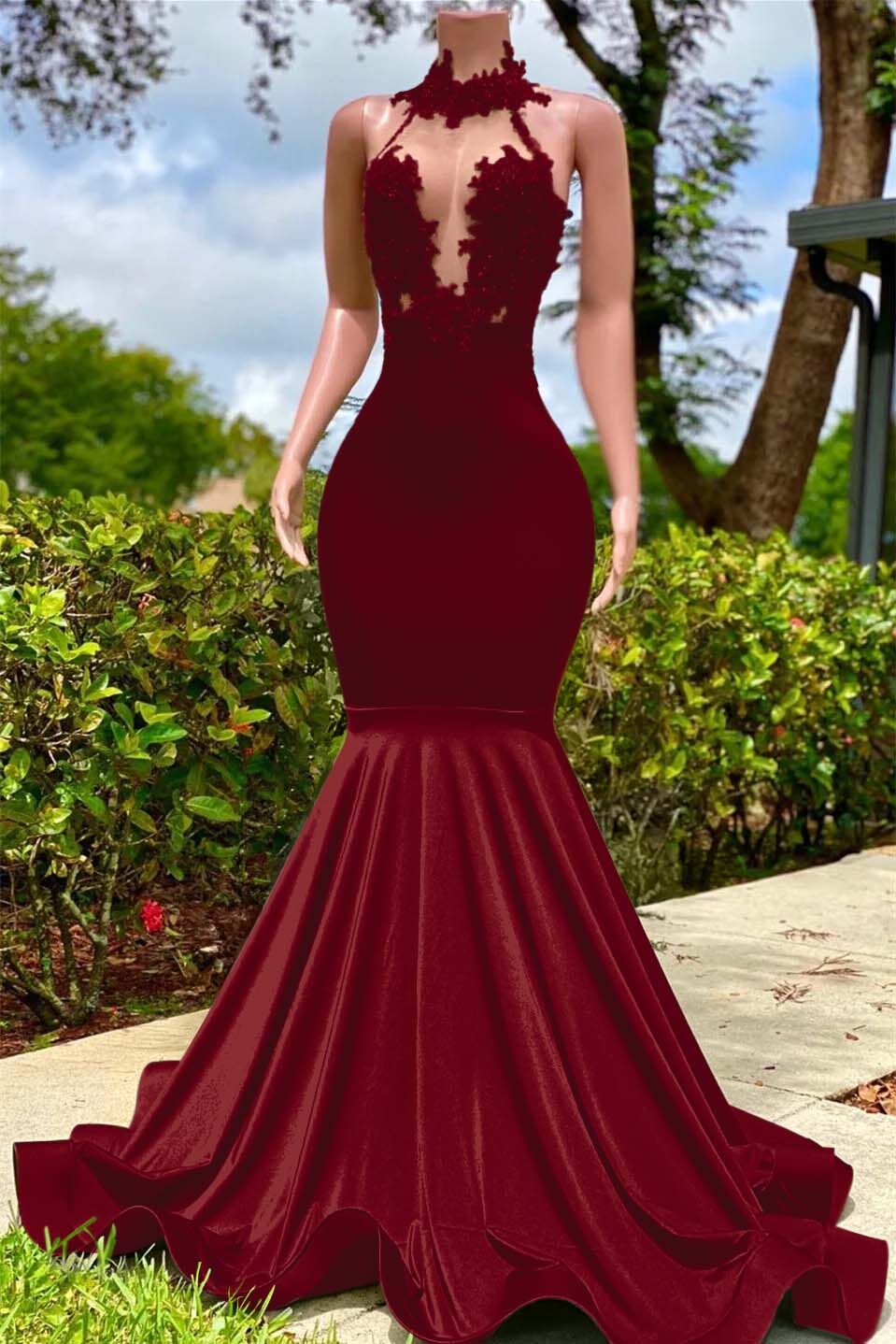 Halter Mermaid Long Prom Dress with Appliques and Ruffles