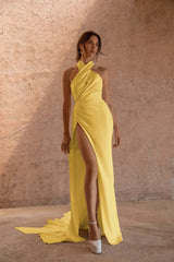 Halter Mermaid Long Pleated Prom Dress with Split