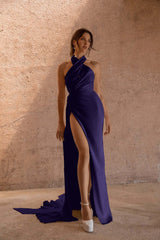 Halter Mermaid Long Pleated Prom Dress with Split