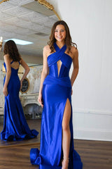 Halter Mermaid Long Prom Dress with Split and Ruffles