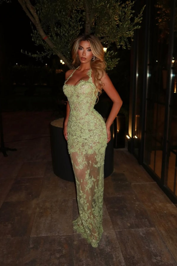 Halter Mermaid Long Prom Dress with Lace Embroidery