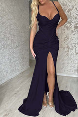 Halter Mermaid Long Prom Dress with Pleated Split
