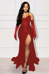 Halter Mermaid Long Prom Dress with Split and Gloves
