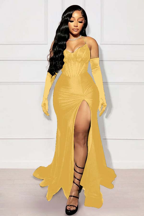 Halter Mermaid Long Prom Dress with Split and Gloves