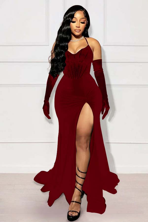 Halter Mermaid Long Prom Dress with Split and Gloves