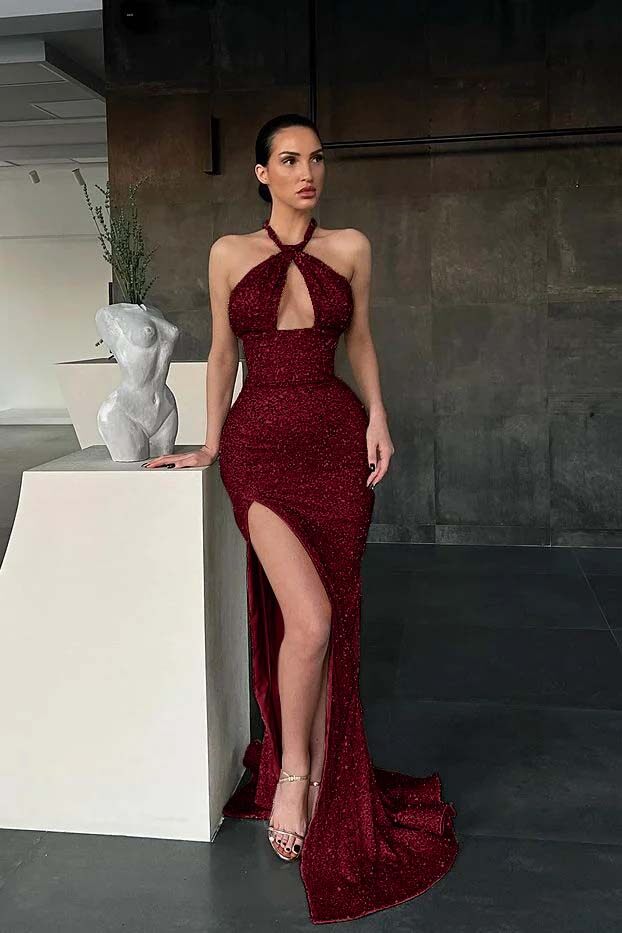 Halter Mermaid Long Prom Dress with Sequins and Split
