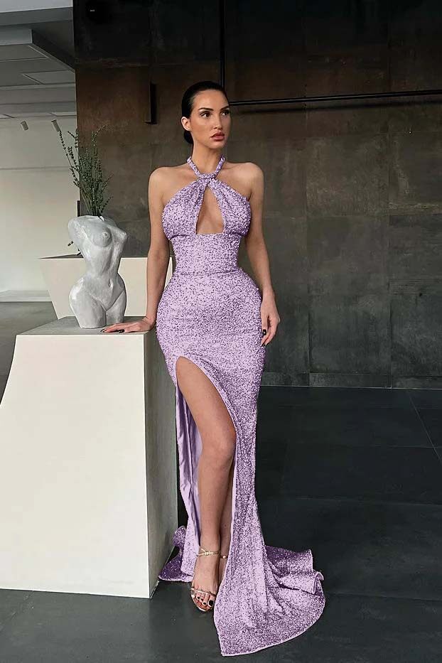Halter Mermaid Long Prom Dress with Sequins and Split