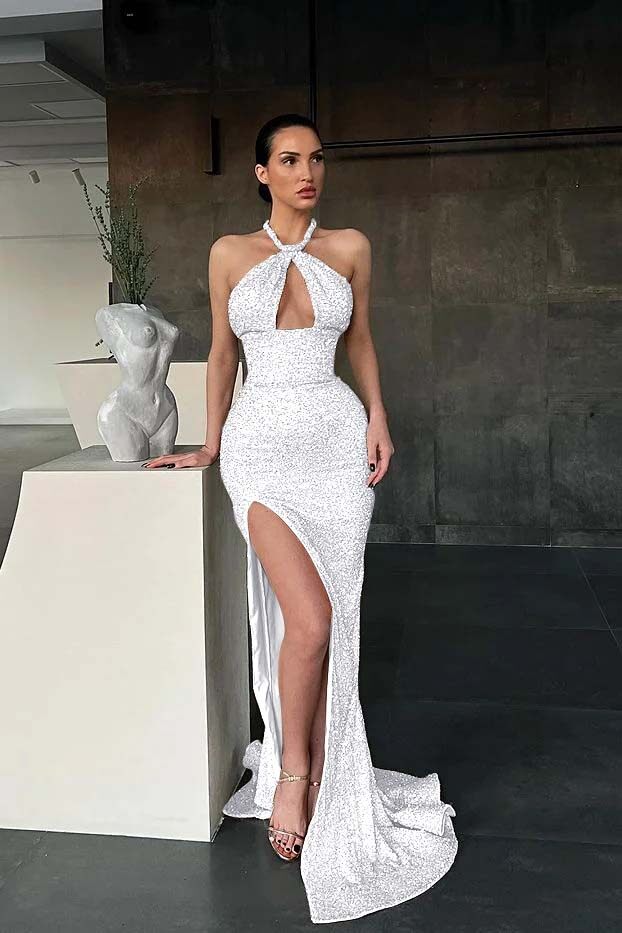 Halter Mermaid Long Prom Dress with Sequins and Split