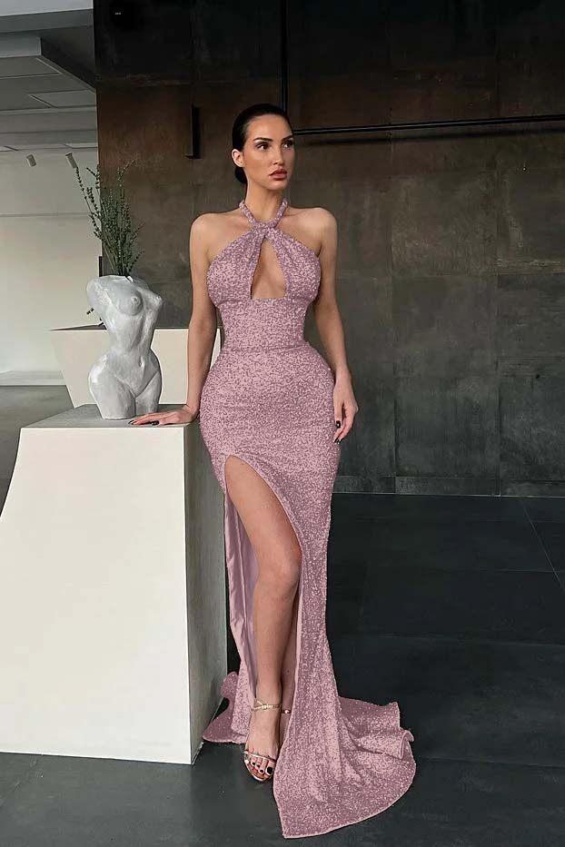 Halter Mermaid Long Prom Dress with Sequins and Split