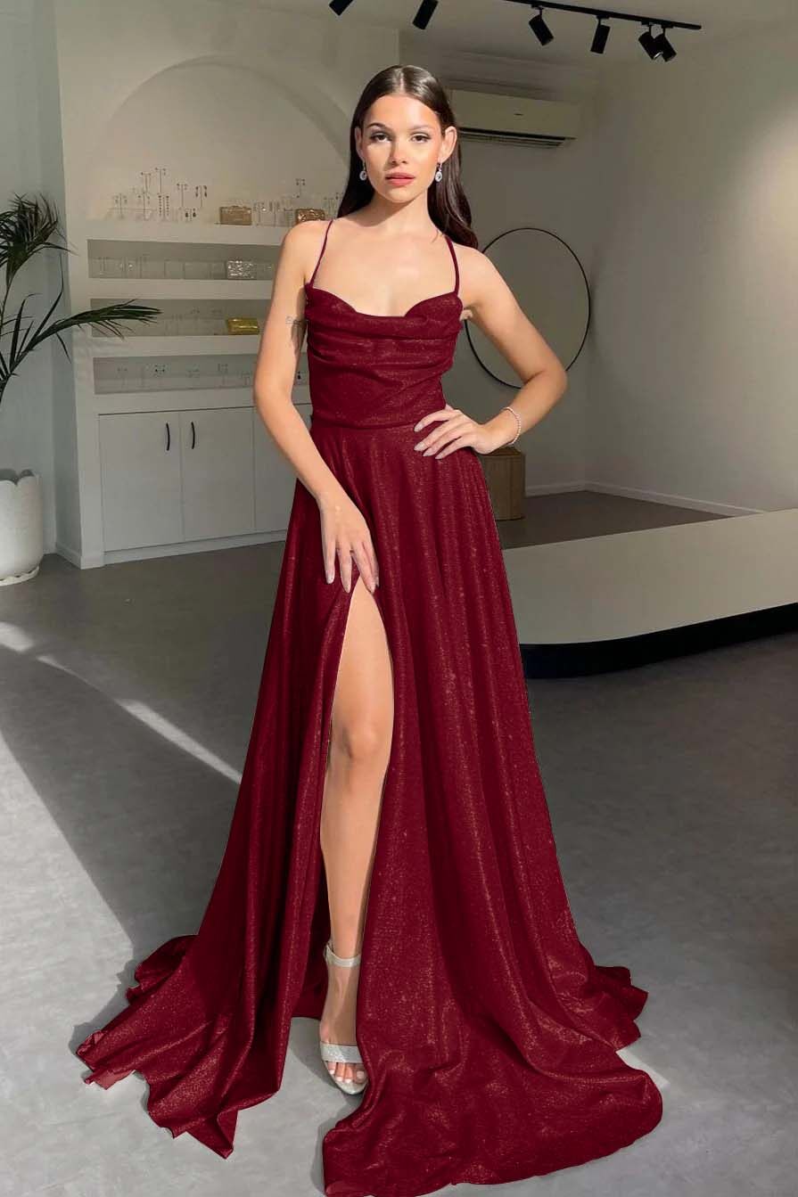 Halter Long Pleated Prom Dress with Sequins and Split