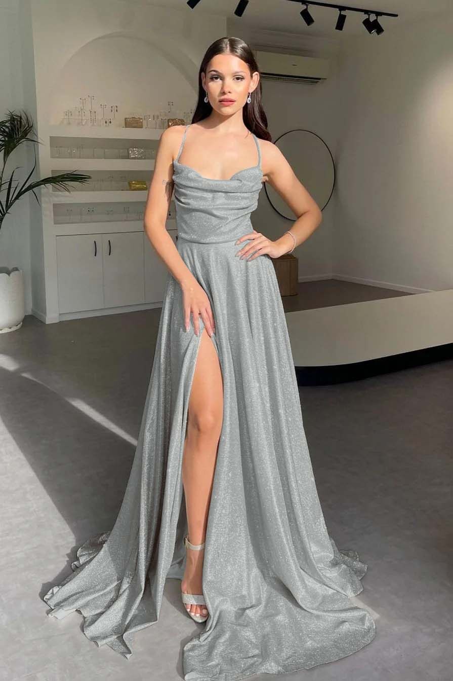 Halter Long Pleated Prom Dress with Sequins and Split