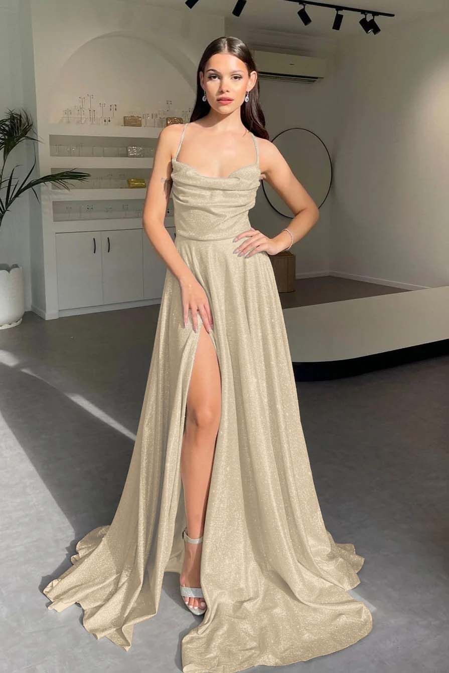 Halter Long Pleated Prom Dress with Sequins and Split