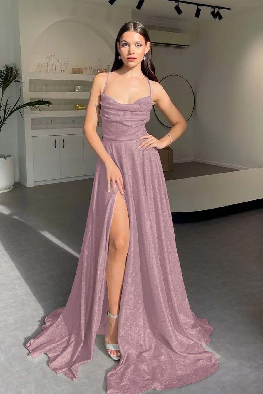 Halter Long Pleated Prom Dress with Sequins and Split