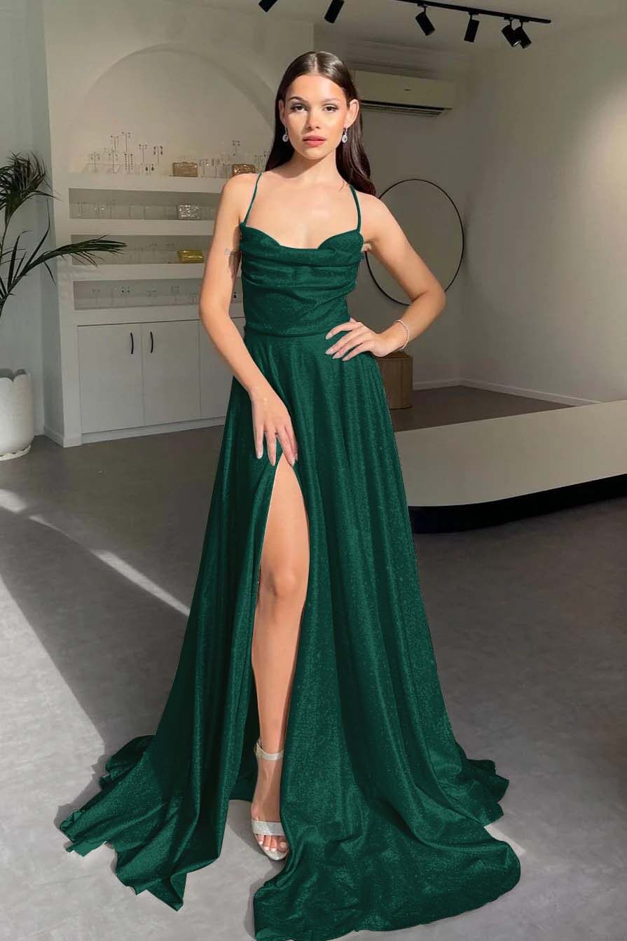 Halter Long Pleated Prom Dress with Sequins and Split
