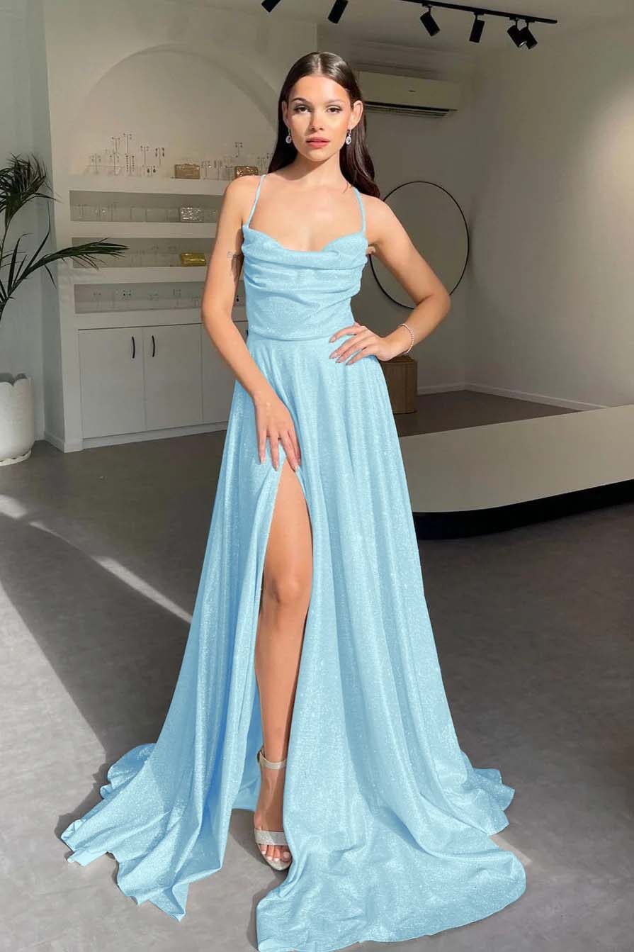Halter Long Pleated Prom Dress with Sequins and Split