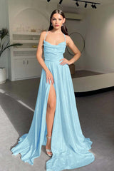Halter Long Pleated Prom Dress with Sequins and Split